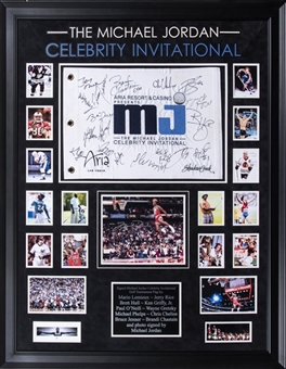 Michael Jordan Celebrity Invitational Signed Golf Flag 18 Signatures Including Wayne Gretzky, Ken Griffey Jr. & Michael Phelps In 34x43 Framed Collage With Signed Michael Jordan Photo (UDA & Beckett)